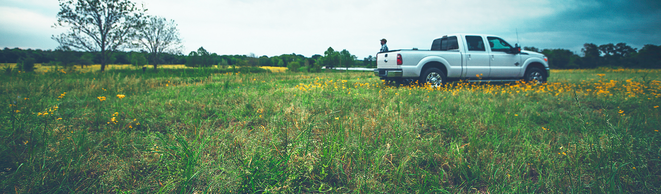 Man standing with white truck in field